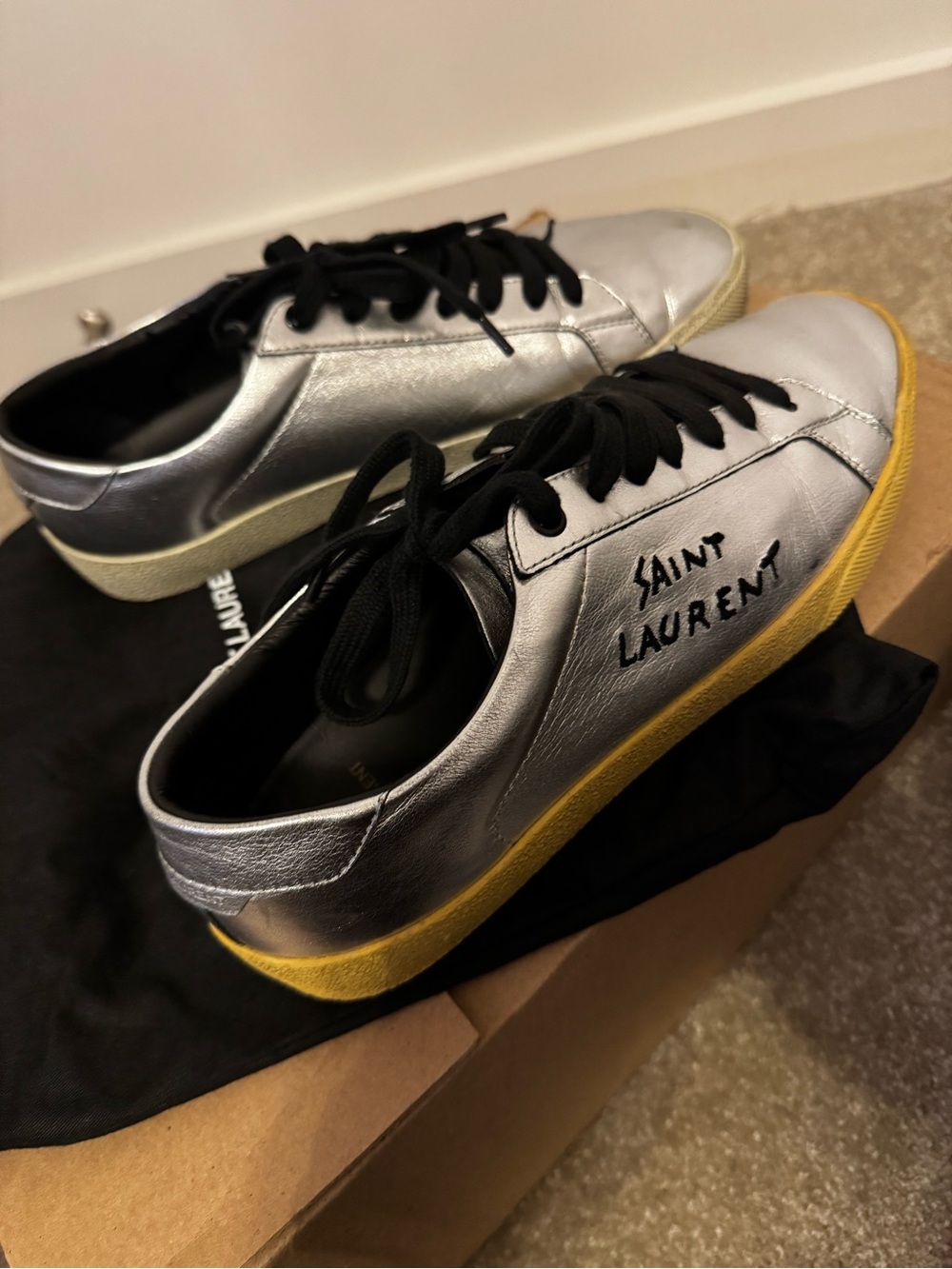 Saint Laurent Men’s Silver Low-Top Sneakers with Yellow Sole size 41